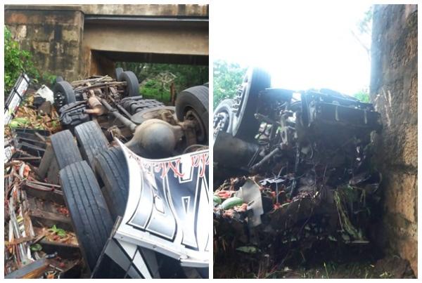 Caminhão capota na BR-316 e motorista morre esmagado na cabine.(Imagem:Divulgação/PRF)