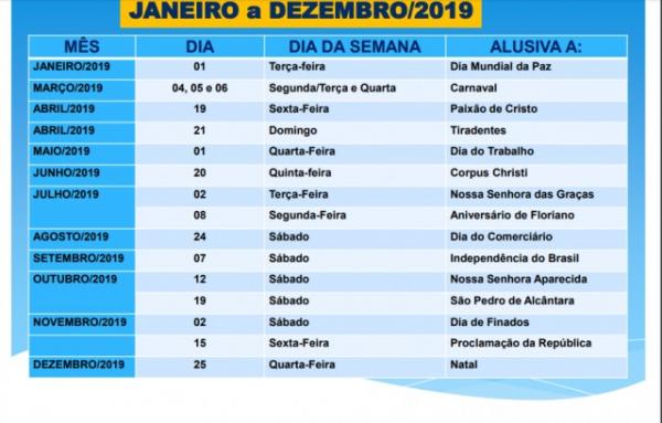 SICOMFLOR divulga lista de feriados em 2019 na cidade de Floriano.(Imagem:Divulgação)