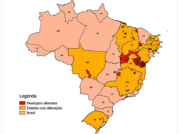 Mapa do IBGE indica municípios que tiveram os limites territoriais alterados.(Imagem:Reprodução/IBGE)