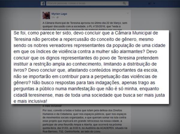 Promotora se diz contraria a proposta e chama sociedade para debate.(Imagem:Reprodução/Facebook)