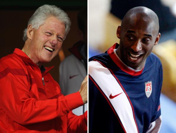 Bill Clinton e Kobe Bryant: sorrisos antes do jogo, eliminação após o apito final(Imagem: Getty Images)