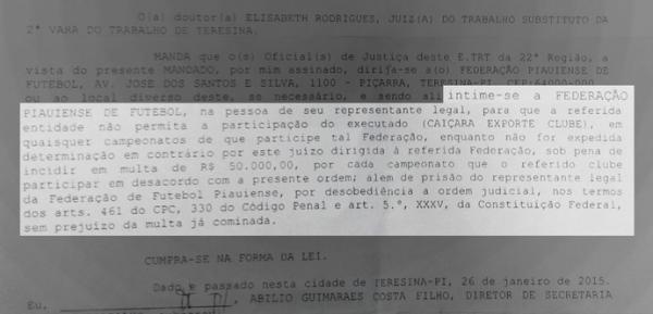 Intimação encaminhada a Federação de Futebol do Piauí pedia afastamento do Caiçara.(Imagem:Reprodução)