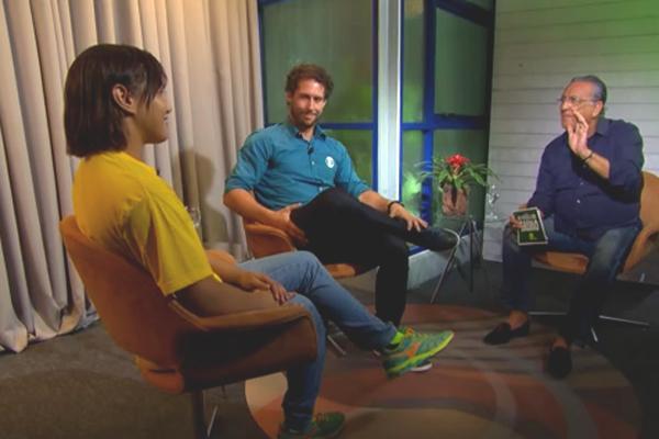 Entrevista de Sarah Menezes, com Flávio canto e Galvão Bueno(Imagem:Reprodução/TV Globo)