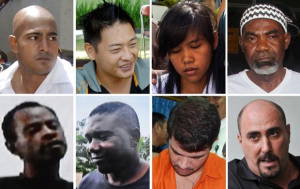 Montagem com fotos de oito dos condenados à morte por tráfico na Indonésia: acima, a partir da esquerda, os australianos Myuran Sukumaran e Andrew Chan, a filipina Mary Jane Veloso(Imagem:AFP Photo)