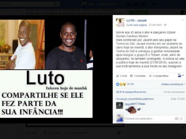 Notícia falsa da morte de Jacaré foi postada em rede social.(Imagem: Reprodução/Facebook)