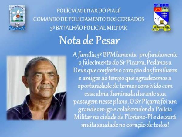 PM de Floriano emite nota de pesar pela morte do empresário Piçarra.(Imagem:Divulgação/PM)