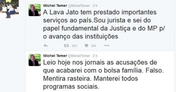 Mensagens publicadas por Michel Temer no Twitter neste sábado (16).(Imagem:Reprodução/Twitter)