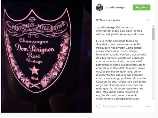 Zezé Di Camargo em post em seu perfil no Instagram.(Imagem:Reprodução/Instagram)