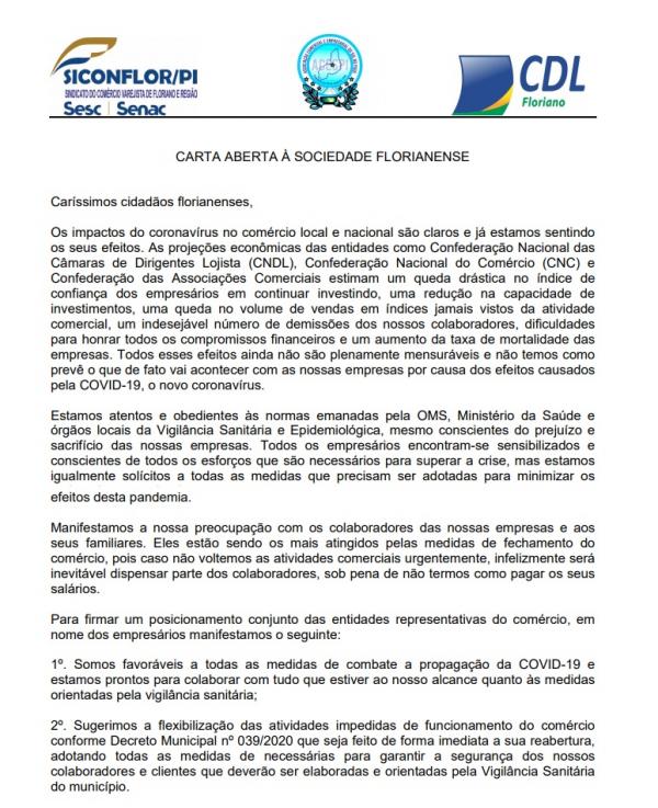 CARTA ABERTA À SOCIEDADE FLORIANENSE(Imagem:Divulgação)