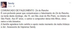 Nota de falecimento do avô de Sandy e Júnior.(Imagem:Reprodução / Facebook)