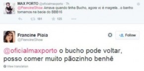 Max Porto e Francine Piaia trocam mensagens.(Imagem: Reprodução / Twitter)