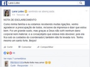 Lara Lobo relatou assalto nas redes sociais.(Imagem:Reprodução/Facebook)