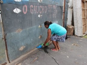 Dona Alzenira alimenta os animais pela brecha em baixo do portão.(Imagem:Gustavo Almeida/G1)