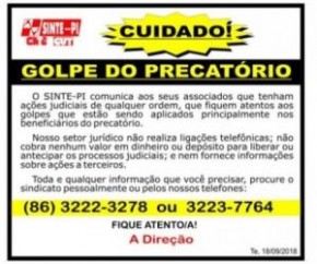 Sinte Regional de Floriano alerta servidores sobre golpe do precatório.(Imagem:Reprodução)