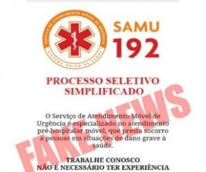Notícia sobre processo seletivo para o SAMU é falsa.(Imagem:Reprodução)