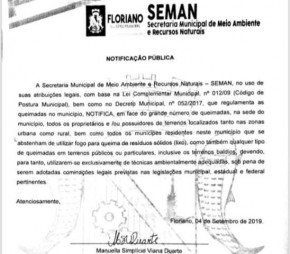 SEMAN divulga notificação pública sobre queimadas irregulares em Floriano.(Imagem:Divulgação)