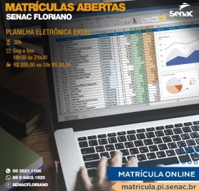 Senac de Floriano promove curso de Planilha Eletrônica Excel.(Imagem:Divulgação)