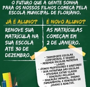 Matrículas para alunos da rede municipal de Floriano começam dia 02 de janeiro.(Imagem:SECOM)
