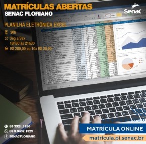 Senac de Floriano promove curso de Planilha Eletrônica Excel.(Imagem:Divulgação)