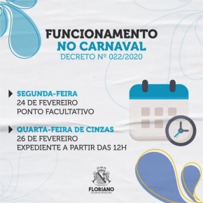 Prefeitura de Floriano determina ponto facultativo devido ao feriado de Carnaval.(Imagem:Secom)