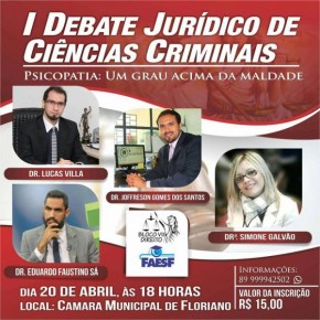 Encerradas as inscrições para o I Debate Jurídico de Ciências Criminais da FAESF.(Imagem:FAESF)