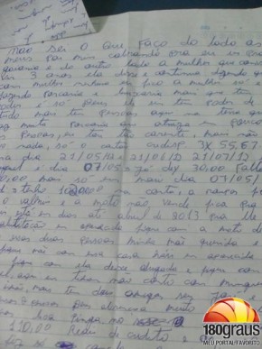 Família apresenta carta deixada por homem.(Imagem:180graus)