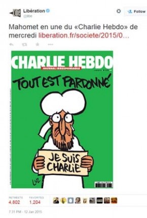 A capa da próxima edição do 'Charlie Hebdo' terá charge do profeta Maomé segurando placa com os dizeres 'Eu sou Charlie'.(Imagem:Reprodução/ Twitter/ Libertation)
