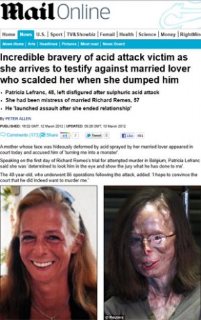 Jornal britânico mostrou antes e depois do ataque a Patricia Lefranc com ácido sulfúrico por seu ex-amante.(Imagem:Reprodução/Daily Mail)