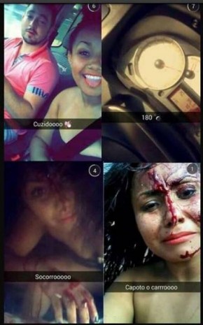A sequência de imagens que Amanda enviou pelo Snapchat, antes e depois do acidente.(Imagem:Reprodução)