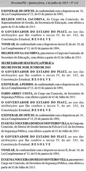 Diário Oficial publicou as exonerações.(Imagem:Reprodução/diariooficial.pi.gov.br)