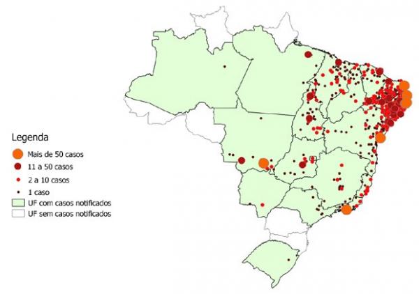 O mapa da distribuição de casos de microcefalia associados ao zika em 2015.(Imagem:Ministério da Saúde)