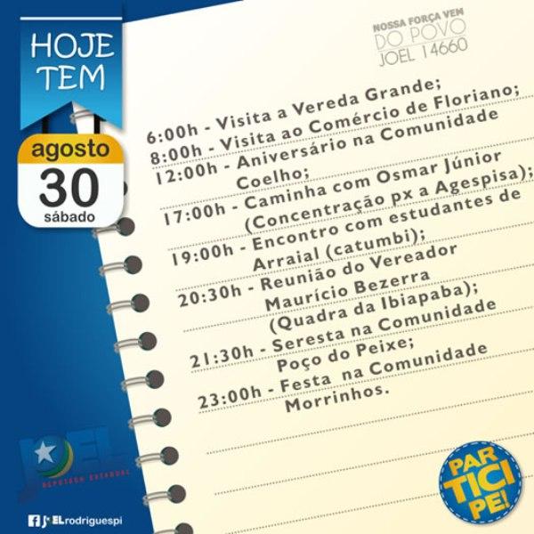 Confira a agenda do candidato Joel Rodrigues para este sábado (30).(Imagem:Reprodução/Facebook)