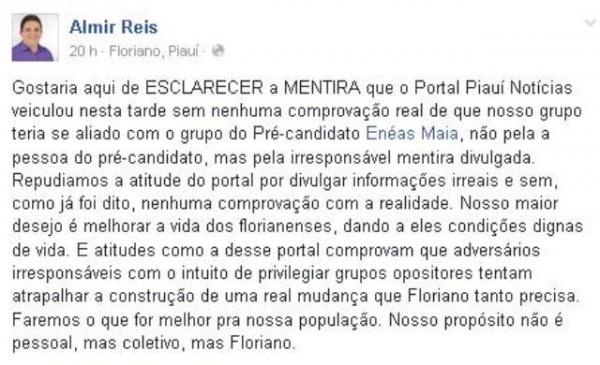 Postagem na página oficial do líder político.(Imagem:Reprodução/Facebook)