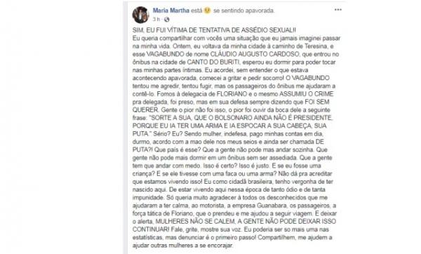 Homem é conduzido para a Delegacia de Floriano após assediar passageira em ônibus.(Imagem:Reprodução/Facebook)