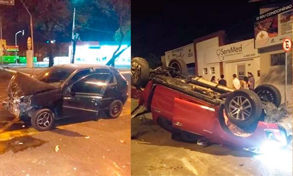 Caminhonete capota após colidir com carro na Avenida Miguel Rosa; dois ficaram feridos.(Imagem:Reprodução/Whatsapp)