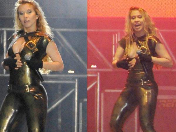 Joelma no show do Calypso, com seu macacão superjusto e decote generoso(Imagem:Internet)