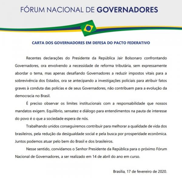 Carta de governadores enviada ao presidente Jair Bolsonaro(Imagem:Reprodução)