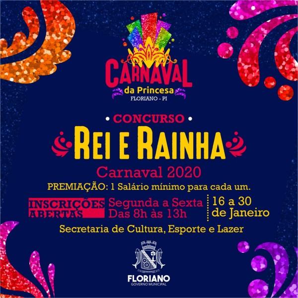 Concurso Rei e Rainha do Carnaval de Floriano está com inscrições abertas.(Imagem:Secom)