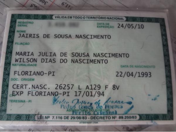 Documento de Identidade da Jairis de Sousa Nascimento(Imagem:FlorianoNews)