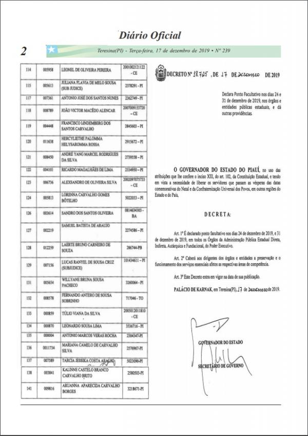 Foi publicado, nessa terça-feira (17), o decreto do Governo do Estado de número 18.725, de 17 de dezembro de 2019, que determina [?](Imagem:Divulgação)