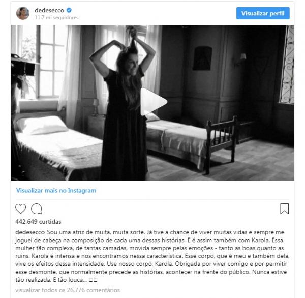 Deborah comentou, em suas redes sociais, sobre a experiência de interpretar uma personagem tão cheia de camadas e afirmou estar se sentindo realizada como atriz!(Imagem:Reprodução)