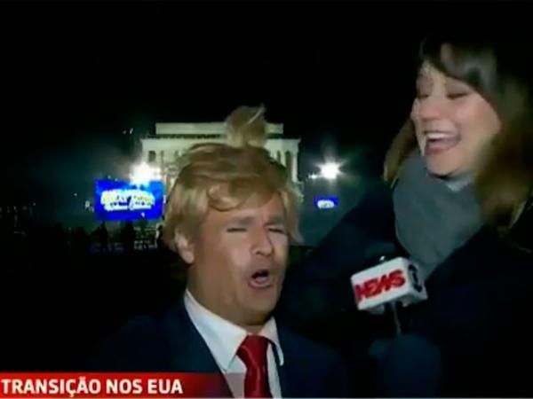 Rodrigo Scarpa apareceu fantasiado de Trump na GloboNews.(Imagem:GloboNews)