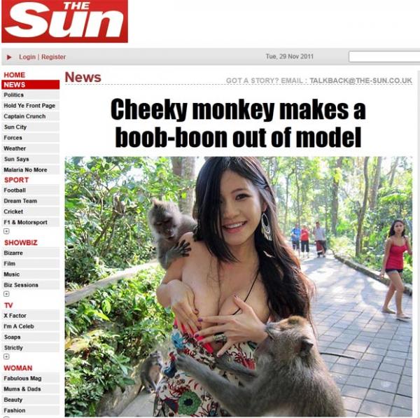 Charmian Chen quase ficou nua ao ser atacada por macacos. (Imagem:Reprodução/The Sun)