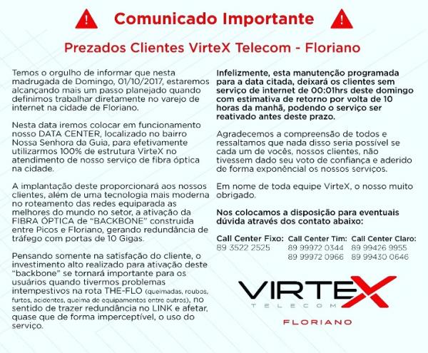 Virtex Telecom implanta nova tecnologia no serviço de fibra óptica em Floriano.(Imagem:Virtex Telecom)