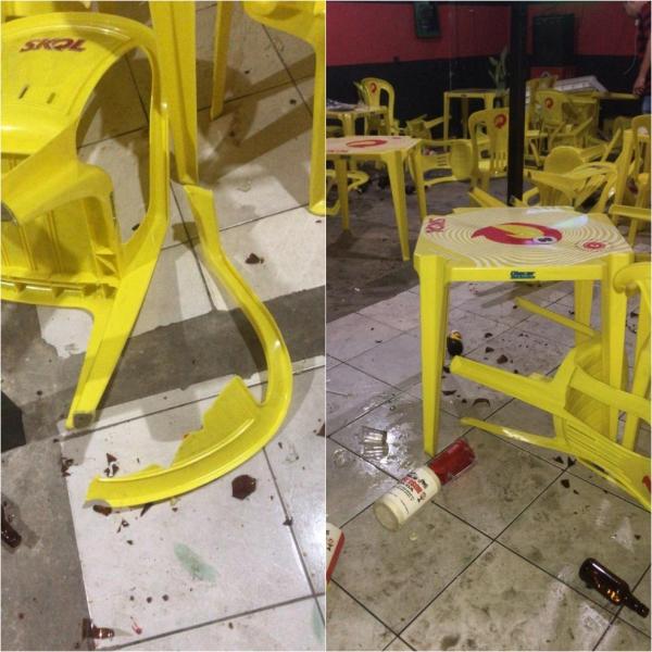 Cadeiras e mesas foram quebradas durante confusão em bar.(Imagem:Divulgação/Polícia Civil)
