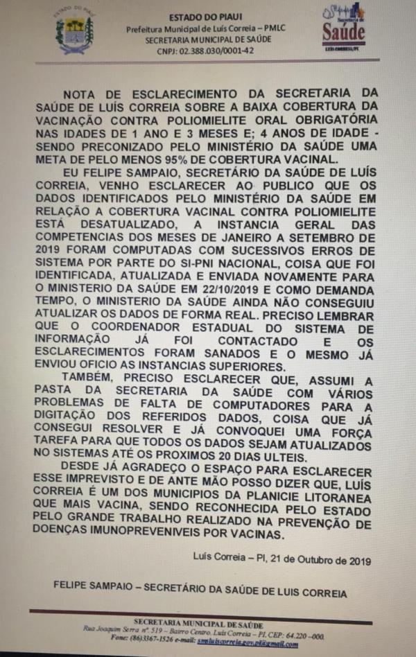 Nota da Secretaria de Saúde de Luís Correia quanto à cobertura vacinal contra a poliomielite.(Imagem: Divulgação )