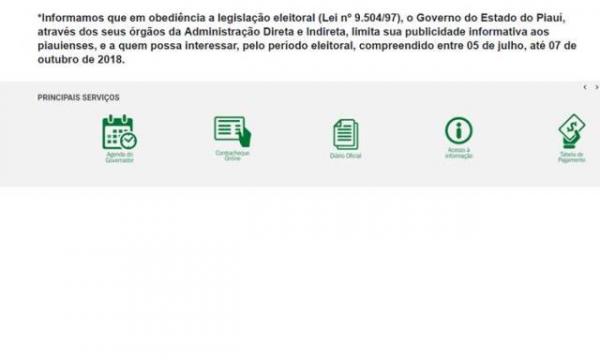 Governo do Piauí retira site do ar em obediência à legislação eleitoral.(Imagem:ReproduçãoSiteOficial)