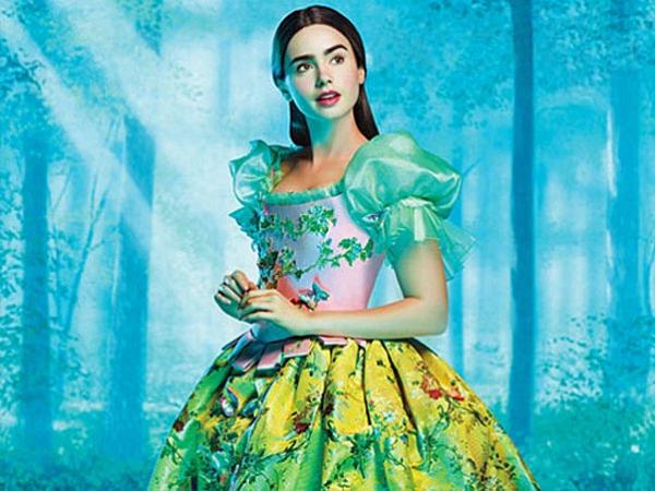 Lily Collins, caracterizada como Branca de Neve.(Imagem:Divulgação)