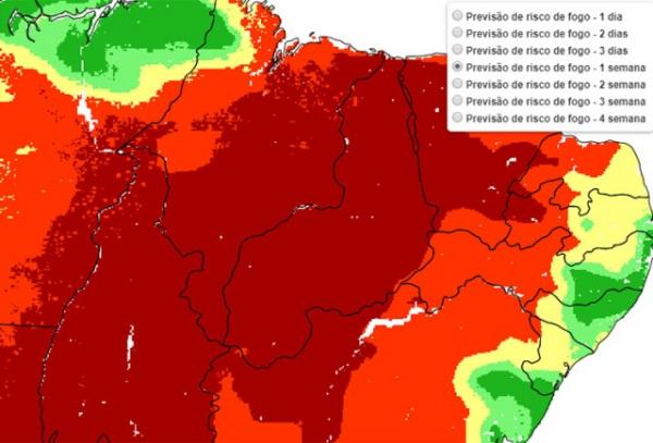 Área vermelha mais escura mostra o risco de incêndios no Piauí.(Imagem:INPE)