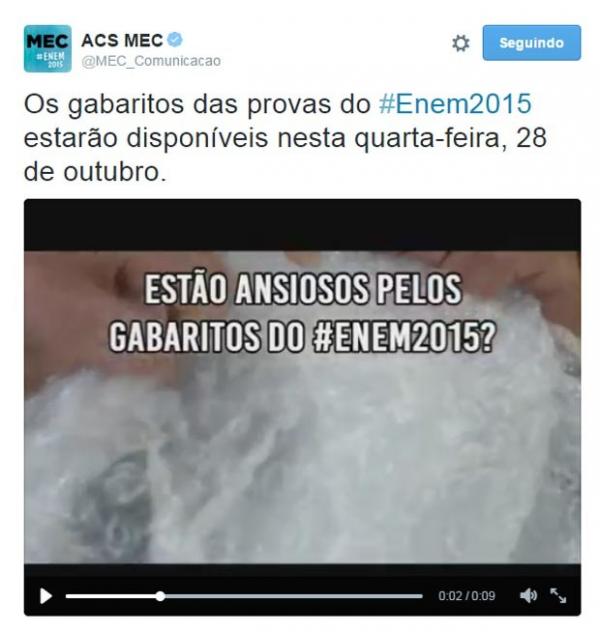 MEC diz que gabarito oficial do Enem 2015 será divulgado na quarta-feira.(Imagem: Reprodução/Twitter)